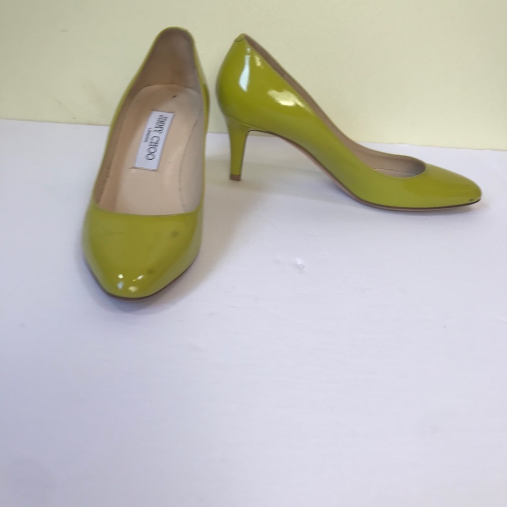 immy Choo Leather Patent Pumps Heels Shoes Almond Toe Chartreuse Green Slides - Picture 5 of 14
